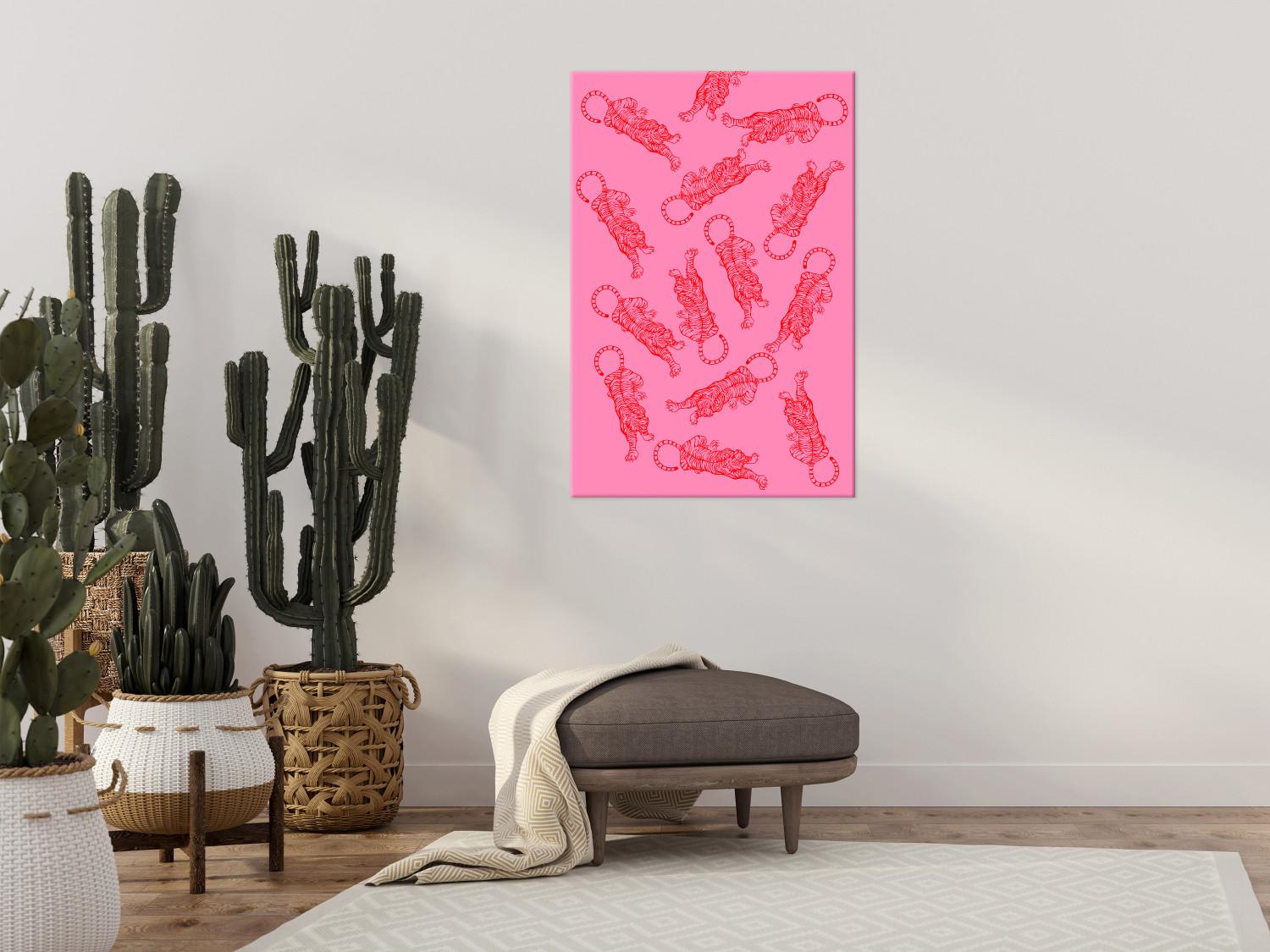 Canvas Dancing Tigers (1-piece) Vertical - wild cats on a pink background