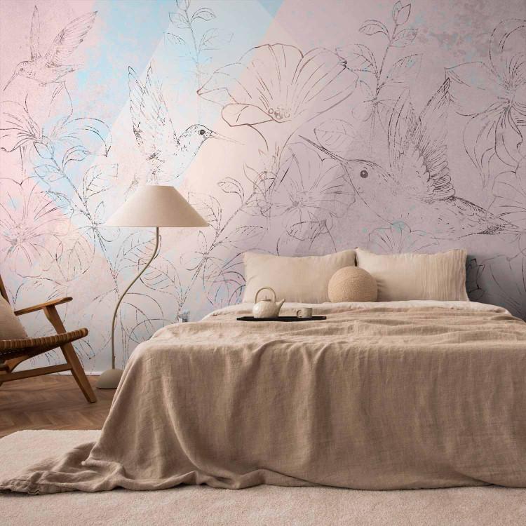 Wall Mural Hummingbirds in a meadow - engraving of birds among flowers with geometric pattern