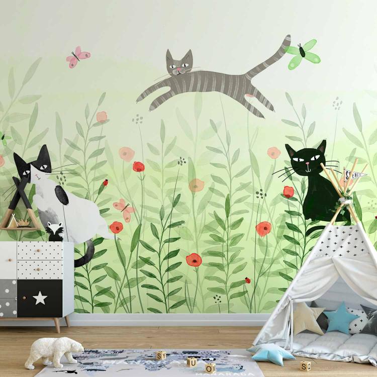 Cat mischief - cats in a meadow with butterflies among grass and poppies for a room