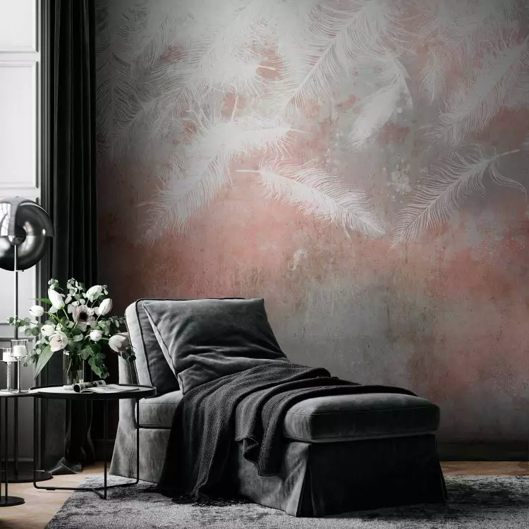 Wall Mural Minimalist pastels with texture - falling white feathers of birds