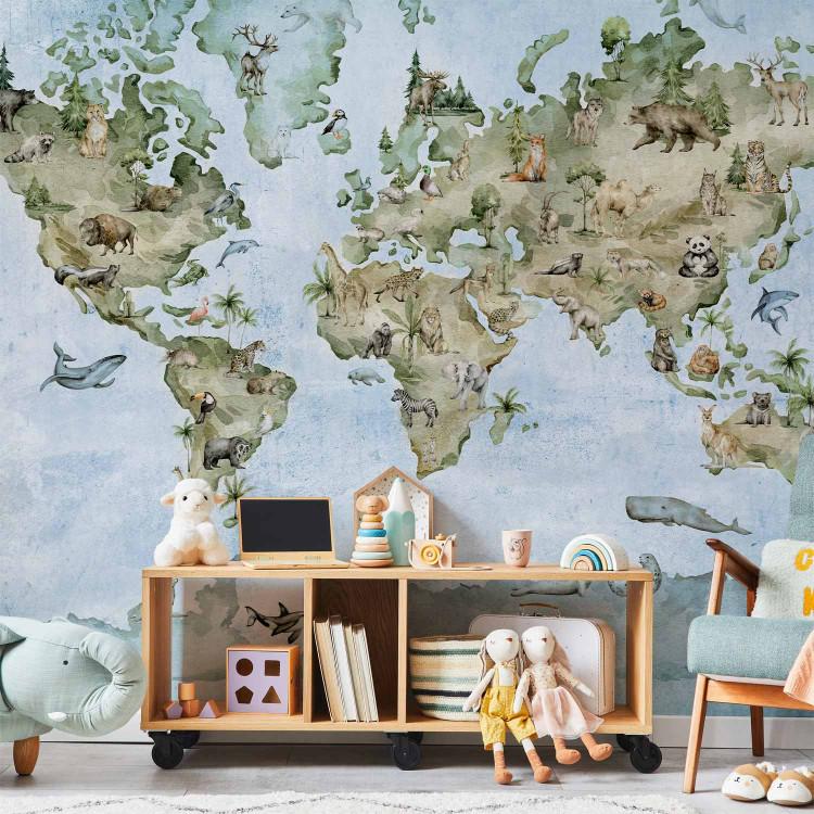 Painted world map - different animals on the continents for children