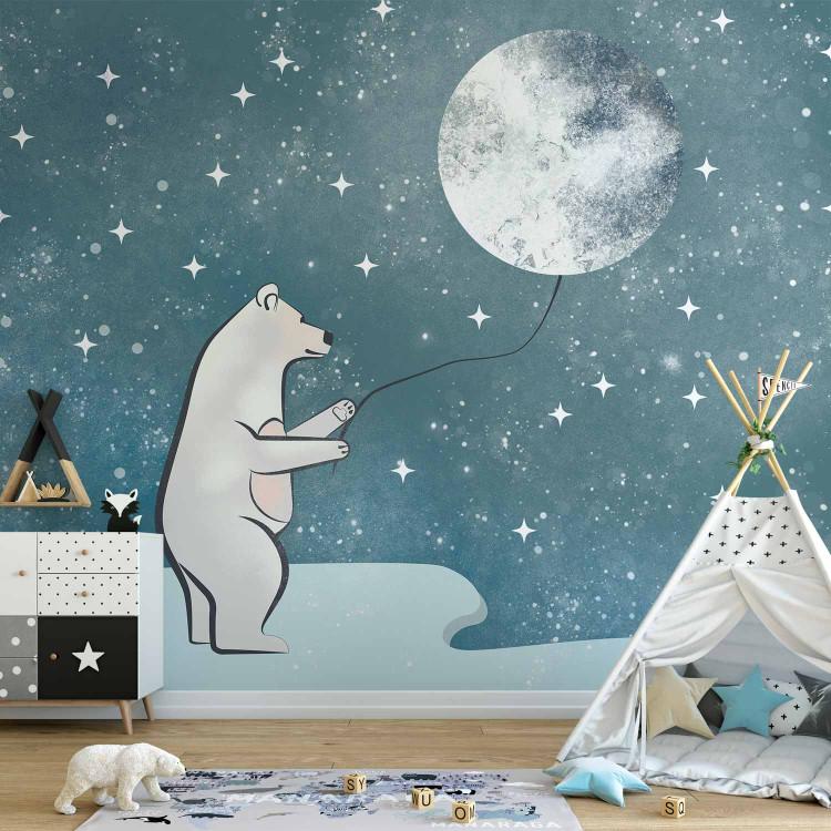 Fairy tale fantasy - white teddy bear holding a moon balloon for children