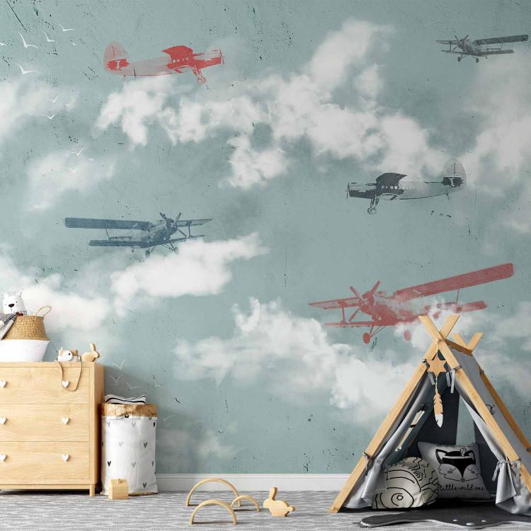 Dream of a little pilot - planes in the sky with clouds and birds for children