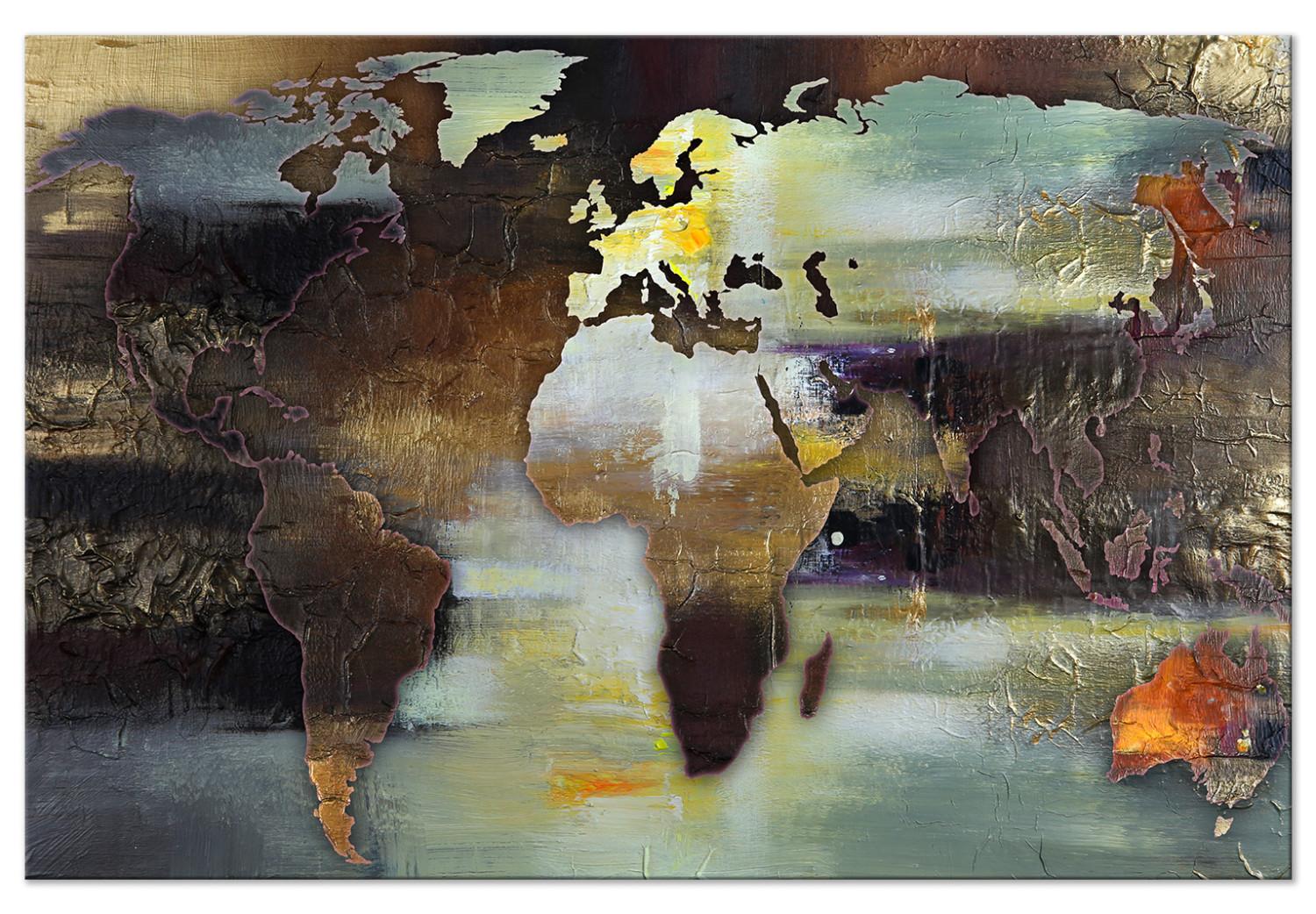 Canvas Painted World Map (1-piece) Wide - abstraction in browns