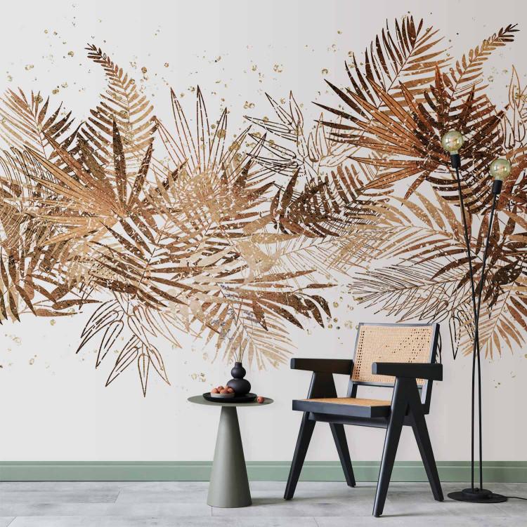 Jungle and golden plume - tropical leaves motif on white background