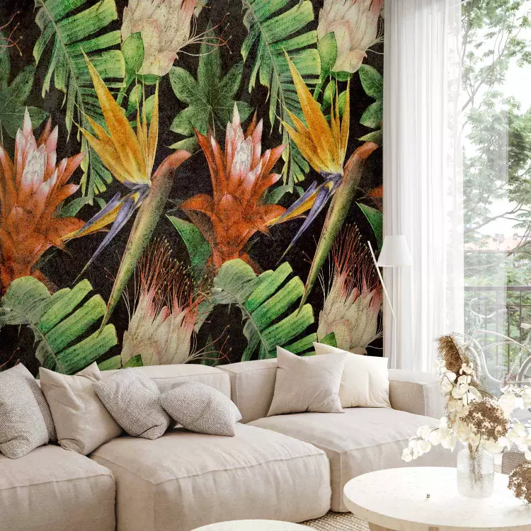 Wall Mural Colourful jungle - landscape with tropical plants motif on black background