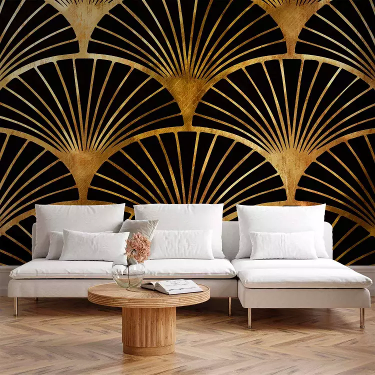 Wall Mural Art deco fan - abstract with black fans on a gold background