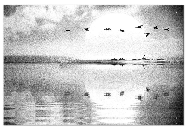 Flight of Birds over the Lake (1-piece) Wide - black and white landscape