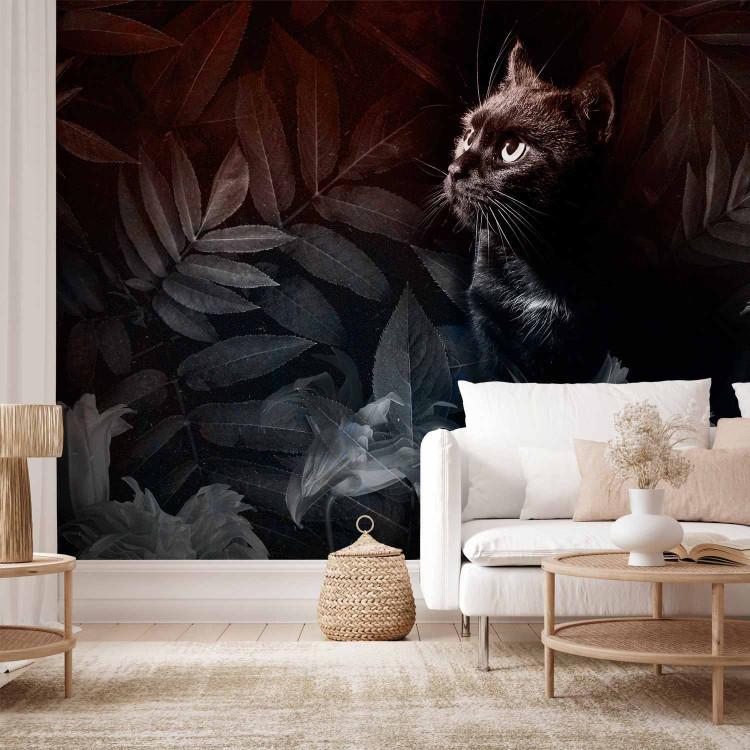 Wall Mural Animal motif - black cat surrounded by red leaves and flowers
