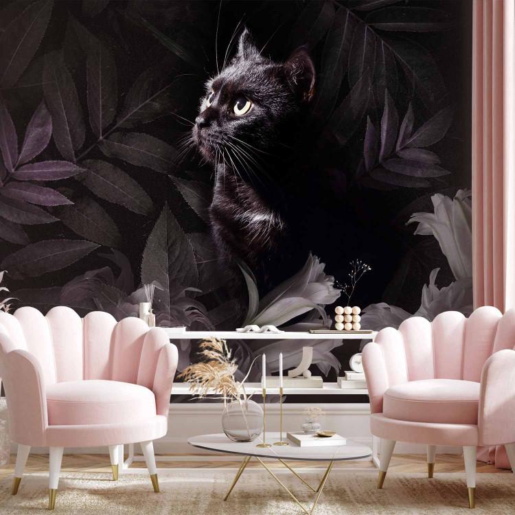 Wall Mural Animal motif - black cat with flowers and leaves in muted colours