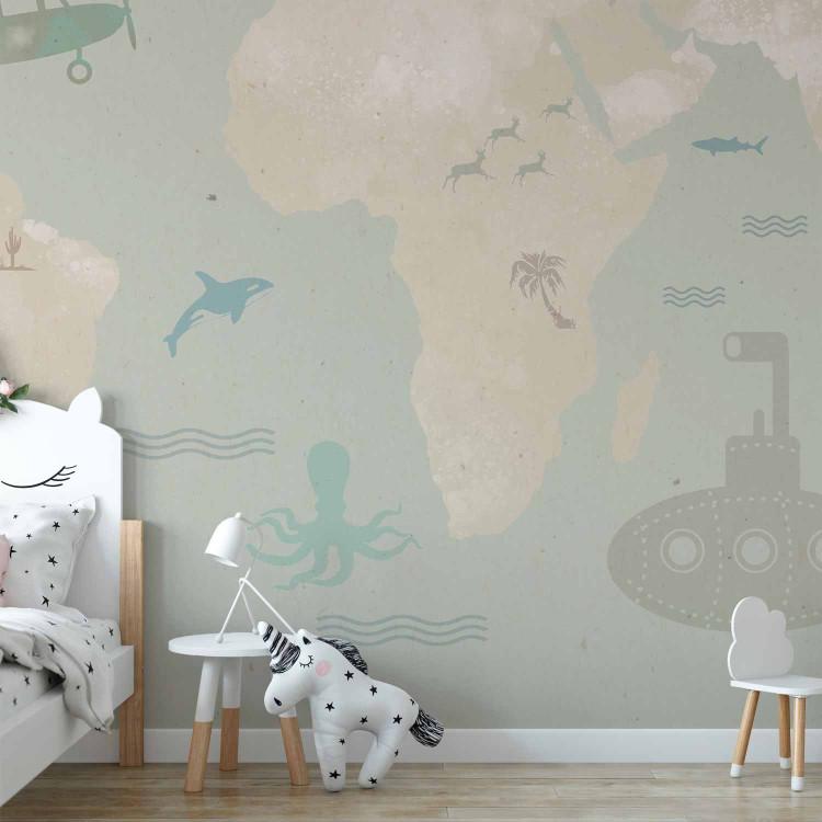 Children's map - fabulous planes and animals on a background of a map of the continents