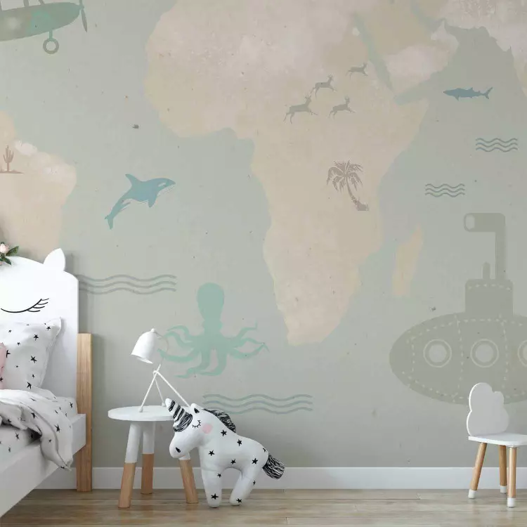 Children's map - fabulous planes and animals on a background of a map of the continents