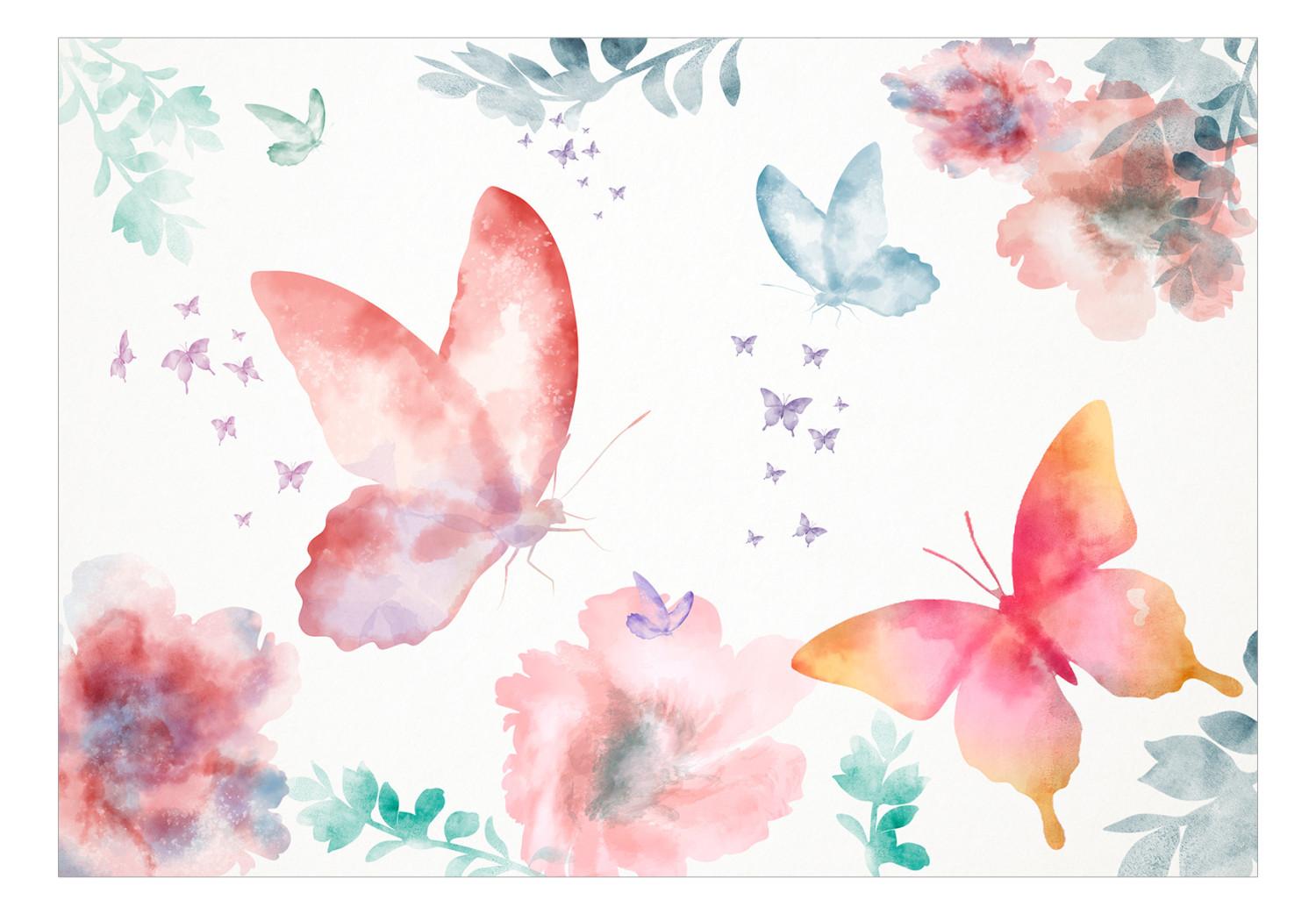 Wall Mural Garden - colourful composition of flowers and butterflies on a solid background in white