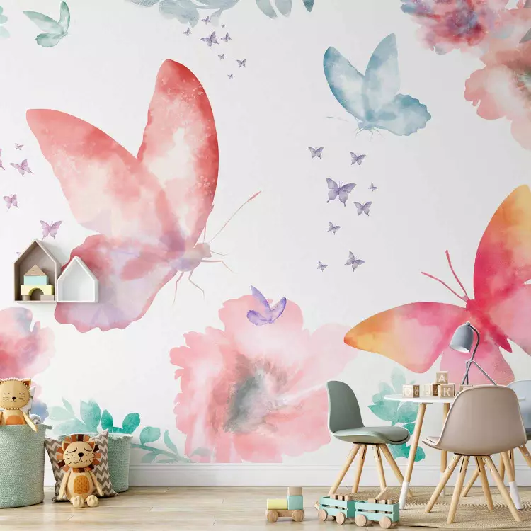 Wall Mural Garden - colourful composition of flowers and butterflies on a solid background in white