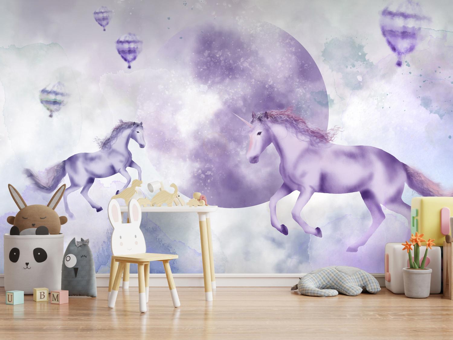 Wall Mural Abstract for children - motif of fairytale animals on a purple background