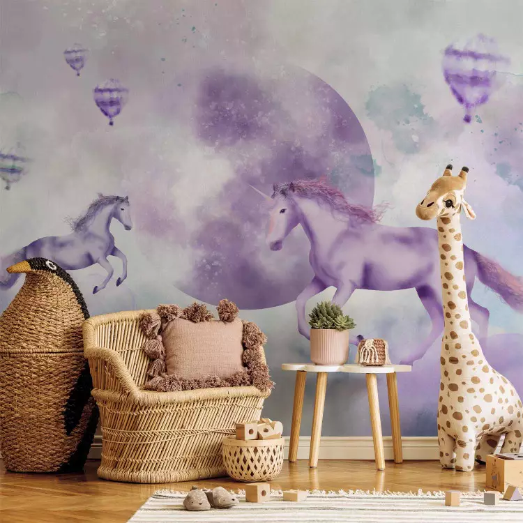 Wall Mural Abstract for children - motif of fairytale animals on a purple background