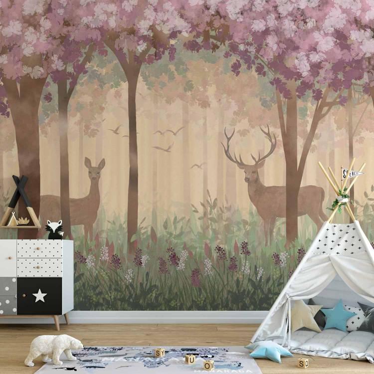 Landscape for children - wild animals motif on a fairy tale forest background