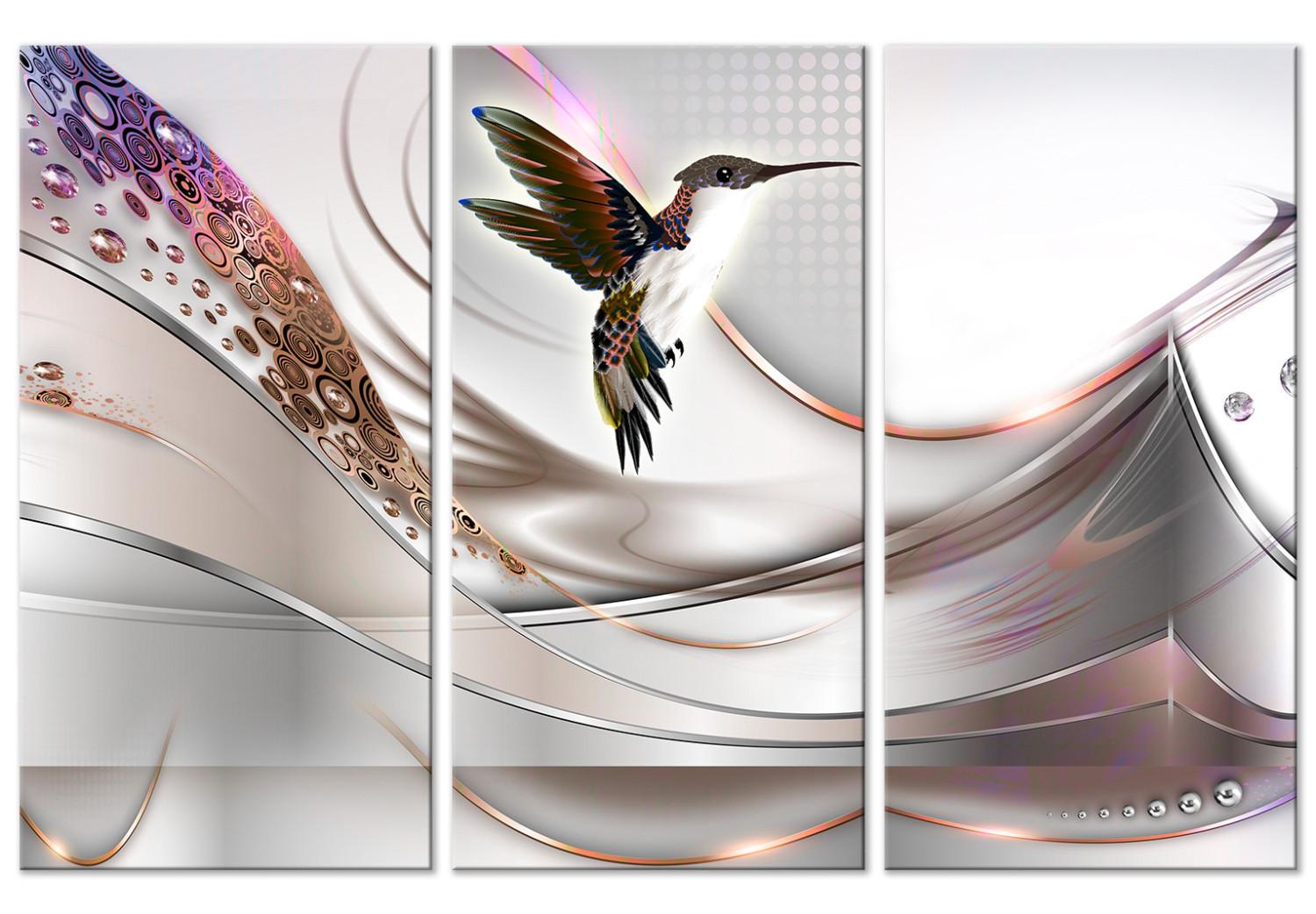 Canvas Hummingbird in Abstraction (3-piece) Wide - bird in flight and bright background