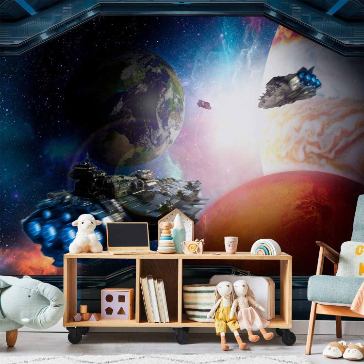 Children's landscape - space motif with a view of the planets from a ship's window
