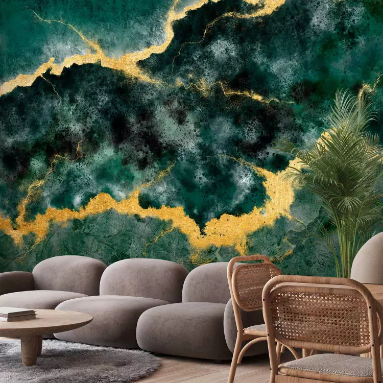 Wall Mural Malachite abstraction - marble-textured background with gold elements