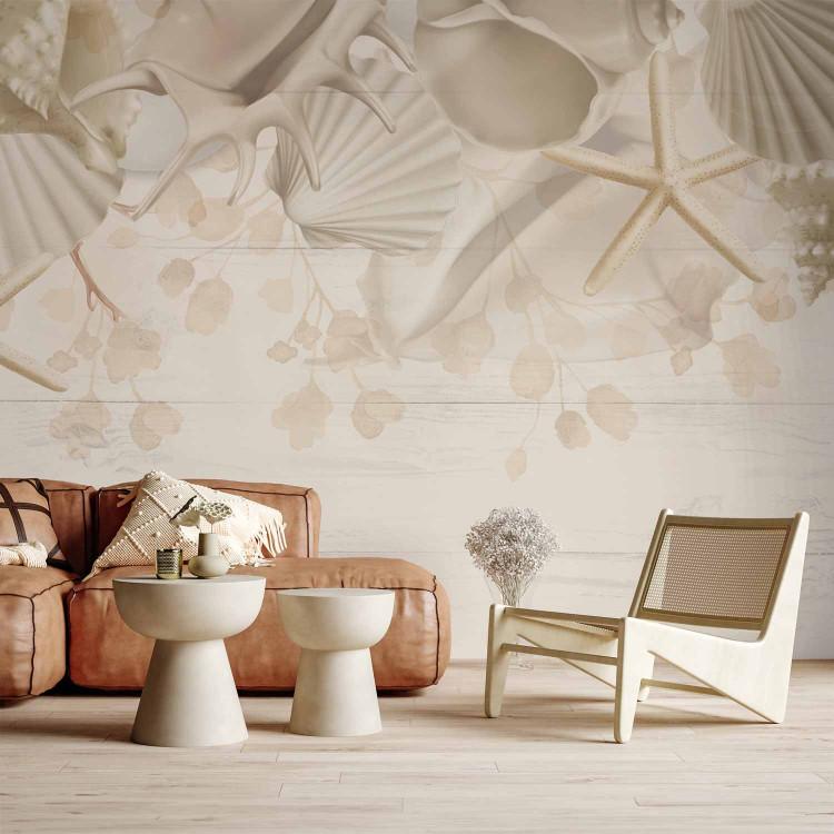 Wall Mural Shells on the beach - landscape in shades of beige with a sea and beach motif