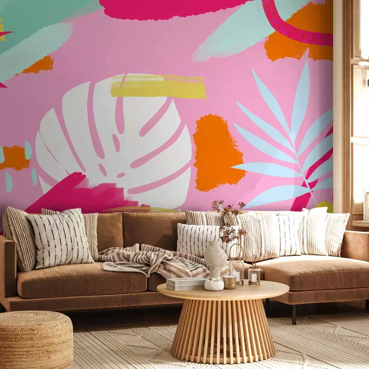 Wall Mural Energetic abstraction - motif of colourful leaves and spots on a pink background