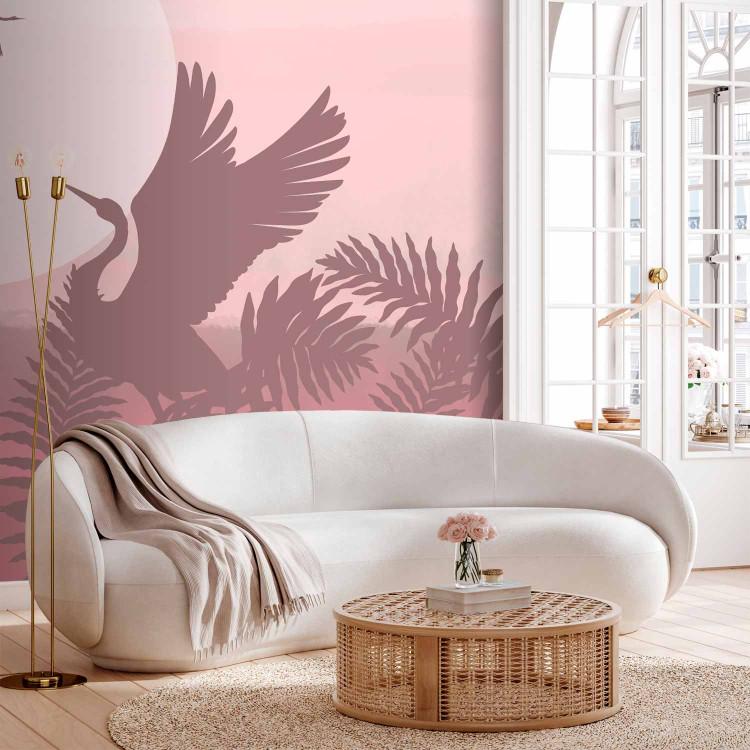 Wall Mural Animals in ferns - birds on a sunset background in shades of pink
