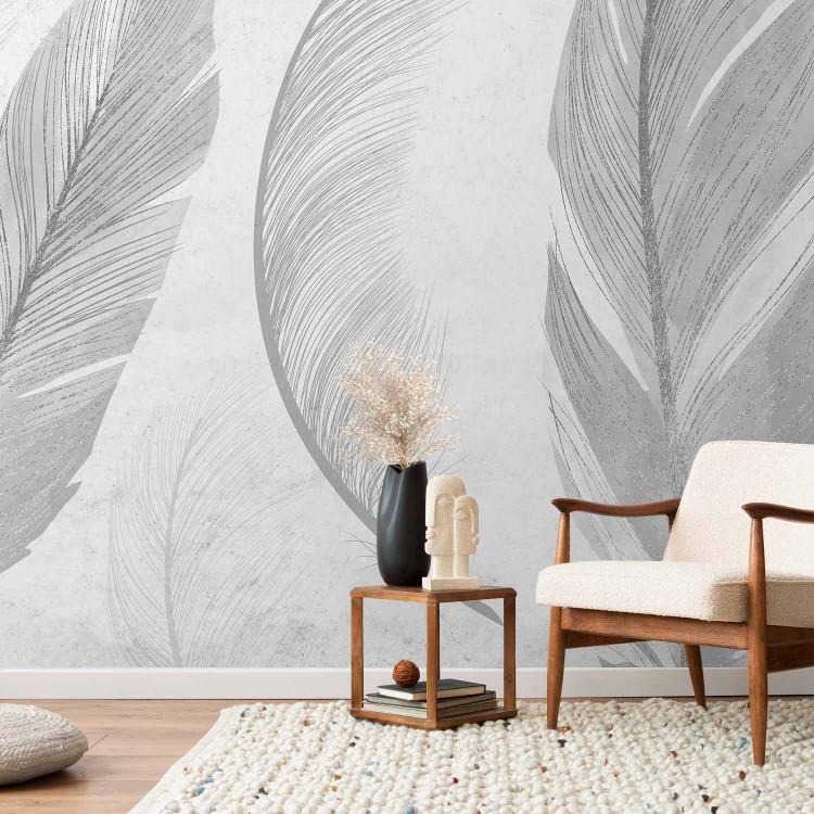 Wall Mural Boho in the wind - light vintage-style motif with feathers in grey