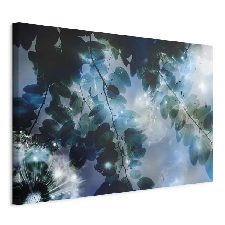 Blue - blue garden among leaves and dandelion flowers