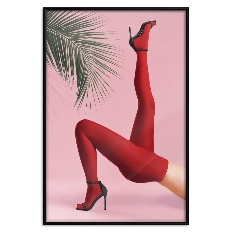 Poster Red Tights - Woman Legs, High Heels and Palm Leaf on a Pink Background