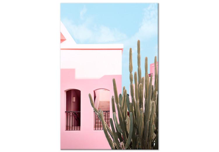 Canvas Print Miami Cactus - Pink Holiday Home Against a Blue Sky