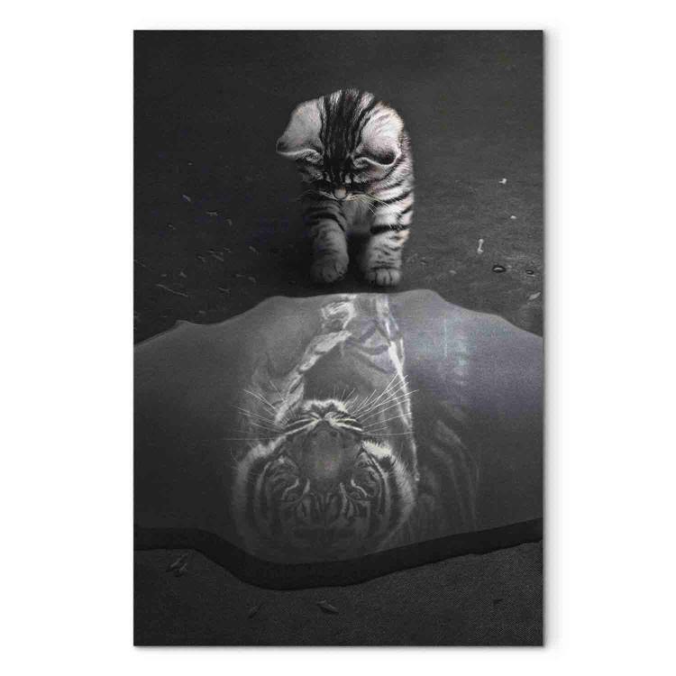 Canvas Print Predatory Animal - Graphics of a Cat With the Reflection of a Tiger in a Puddle