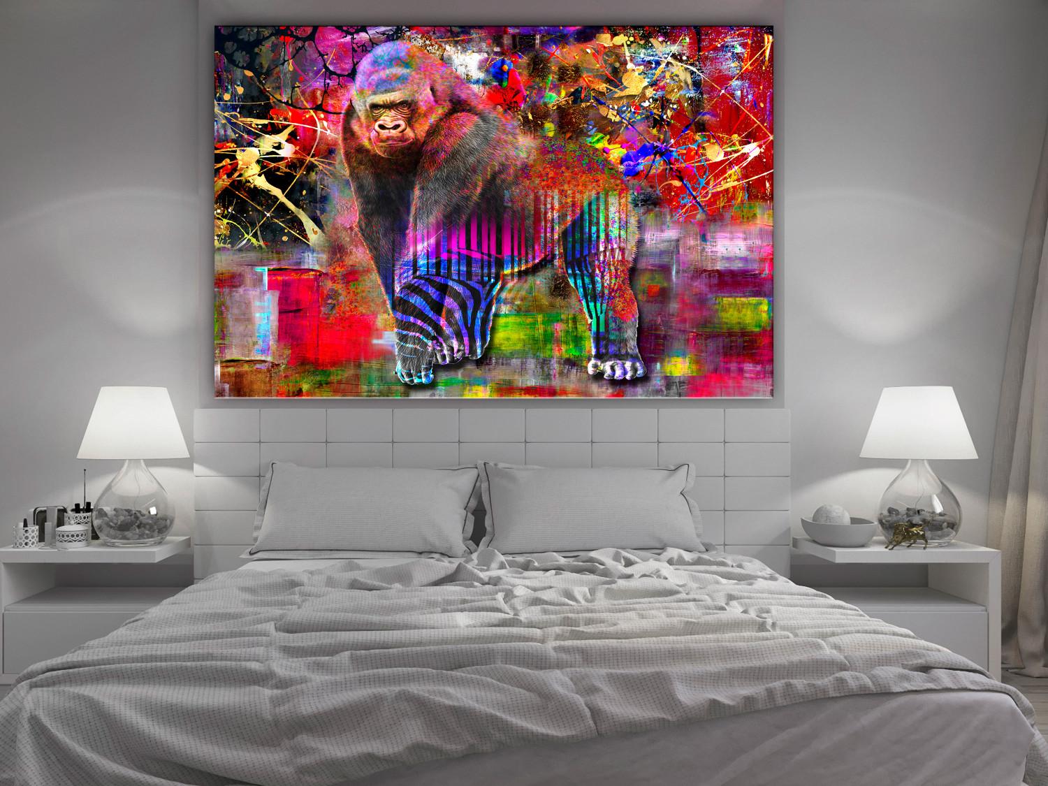 Canvas King of Tall Forests (1-piece) - monkey and colorful abstraction in the background