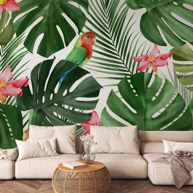 Wall Mural Monstera - green exotic leaves and colourful parrots among flowers