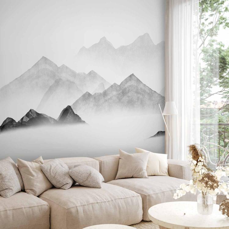 Mountains in the mist - watercolour landscape with mountain peaks in grey