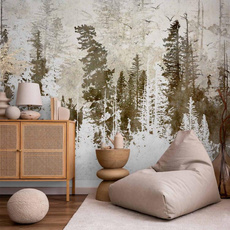 Wall Mural Flying birds - abstract forest landscape with trees in retro style