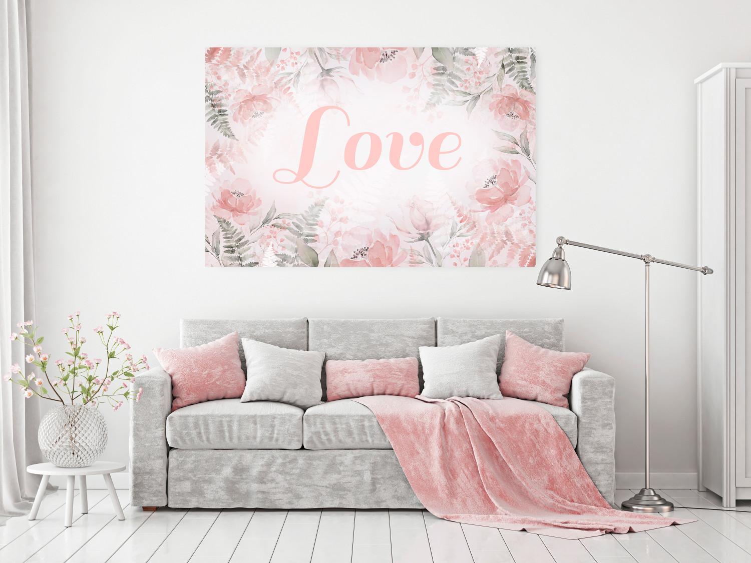 Poster Love - Romantic Inscription on a Rose Background Among Plants and Leaves
