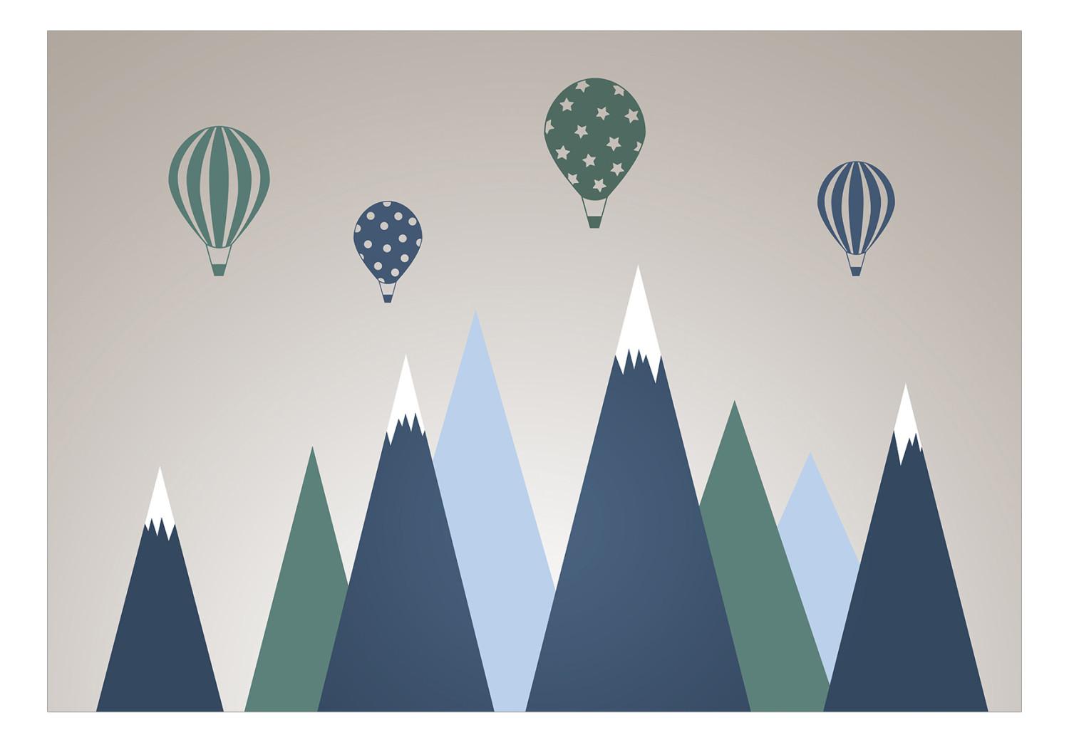 Wall Mural Children's landscape - graphic with balloons over blue-green mountains