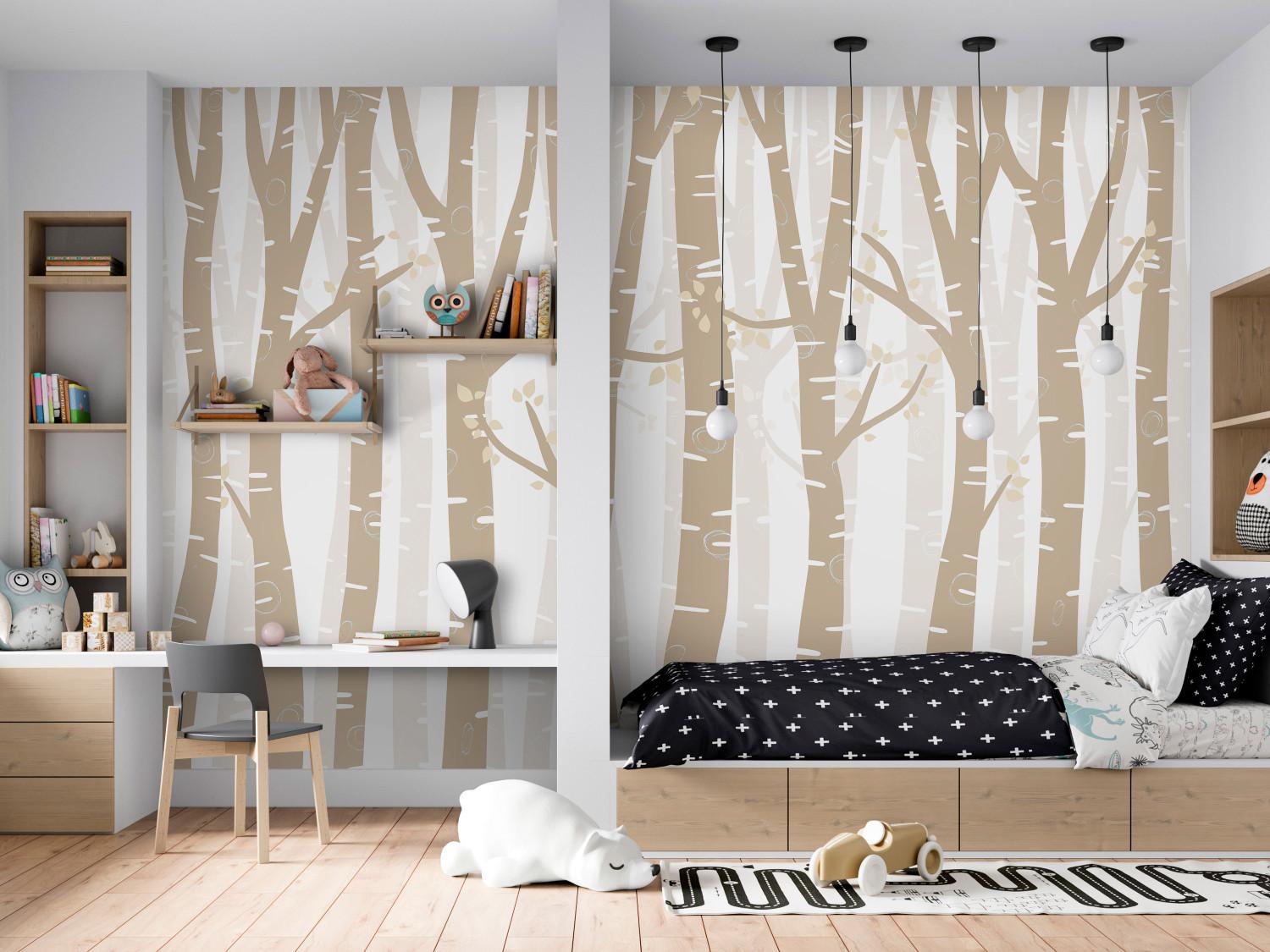 Wall Mural Pastel forest - beige birch trees with light leaves on branches