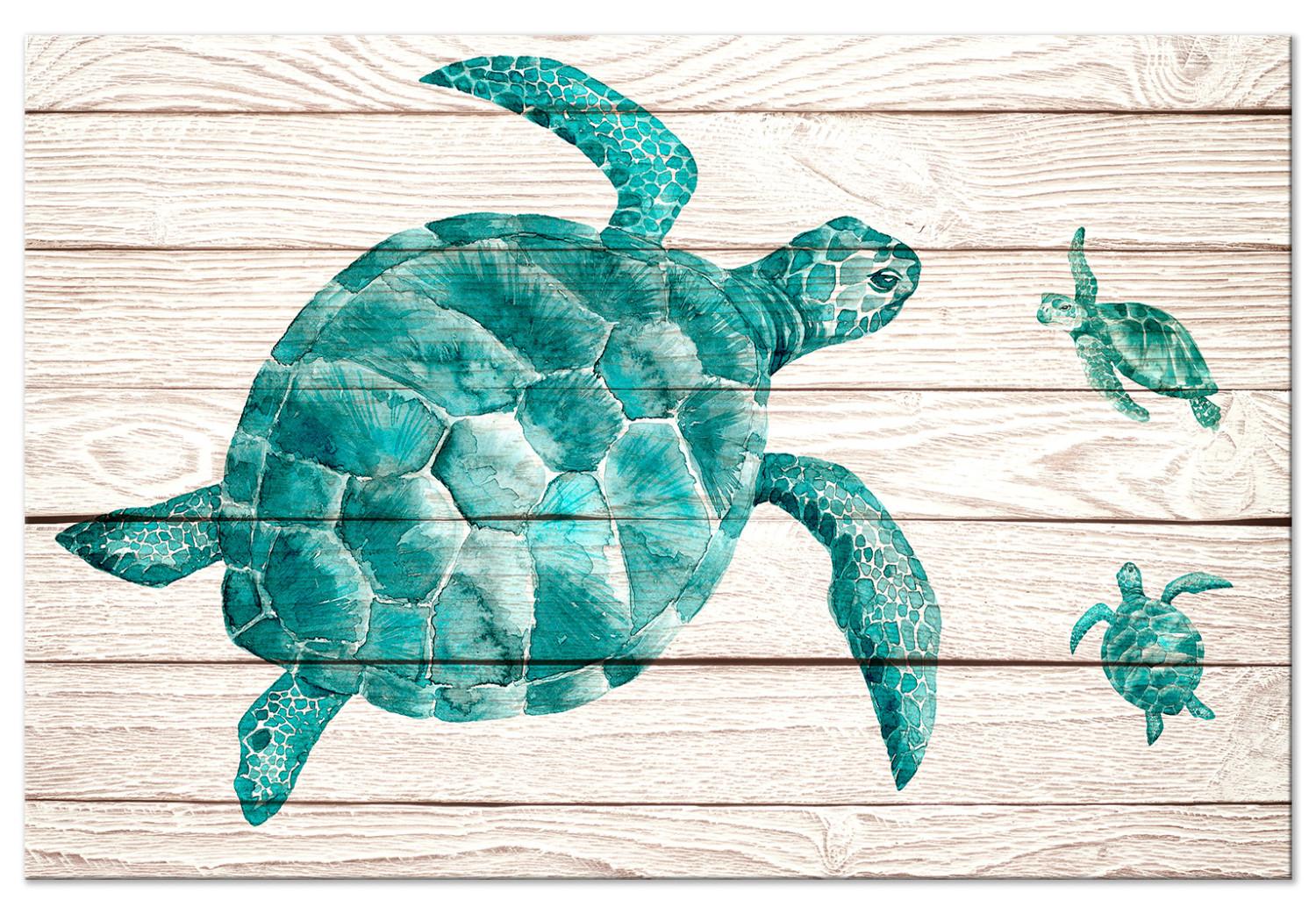Canvas Turtles (1-piece) - emerald sea animals on a wooden background