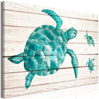 Canvas Turtles (1-piece) - emerald sea animals on a wooden background
