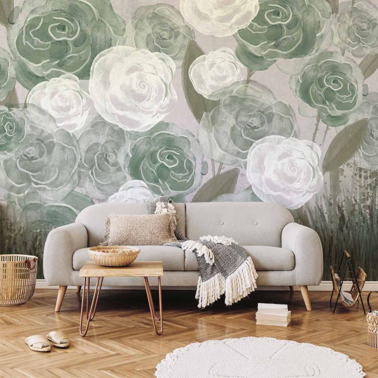 Dense Roses - Painted Large Flowers in Shades of Green on a Gray Background