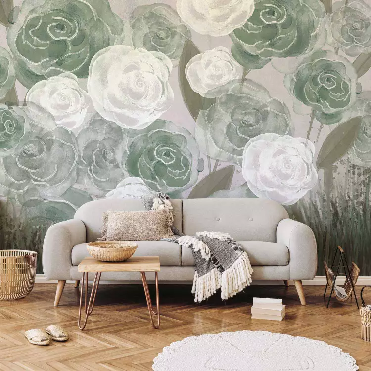 Dense Roses - Painted Large Flowers in Shades of Green on a Gray Background