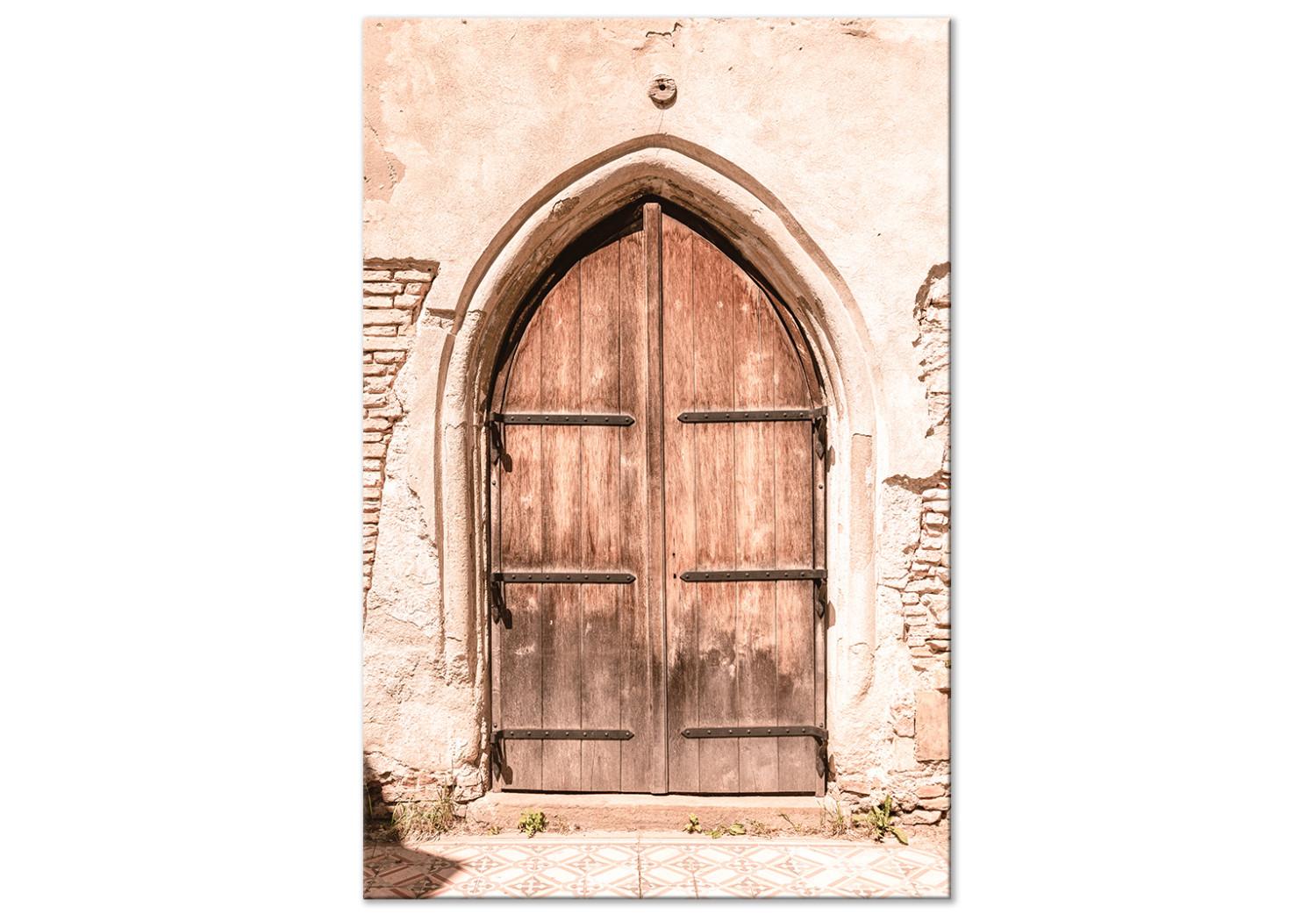 Canvas Mysterious Gates (1-piece) - urban landscape with a wooden gate