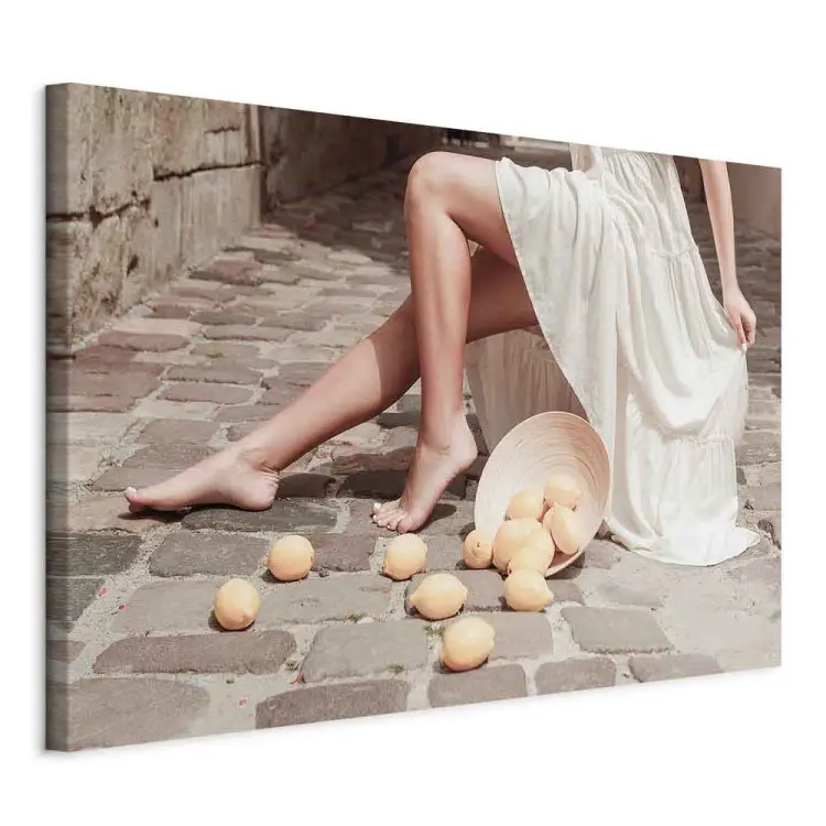 Lemons in the Sun - woman's legs and fruits lying on the street