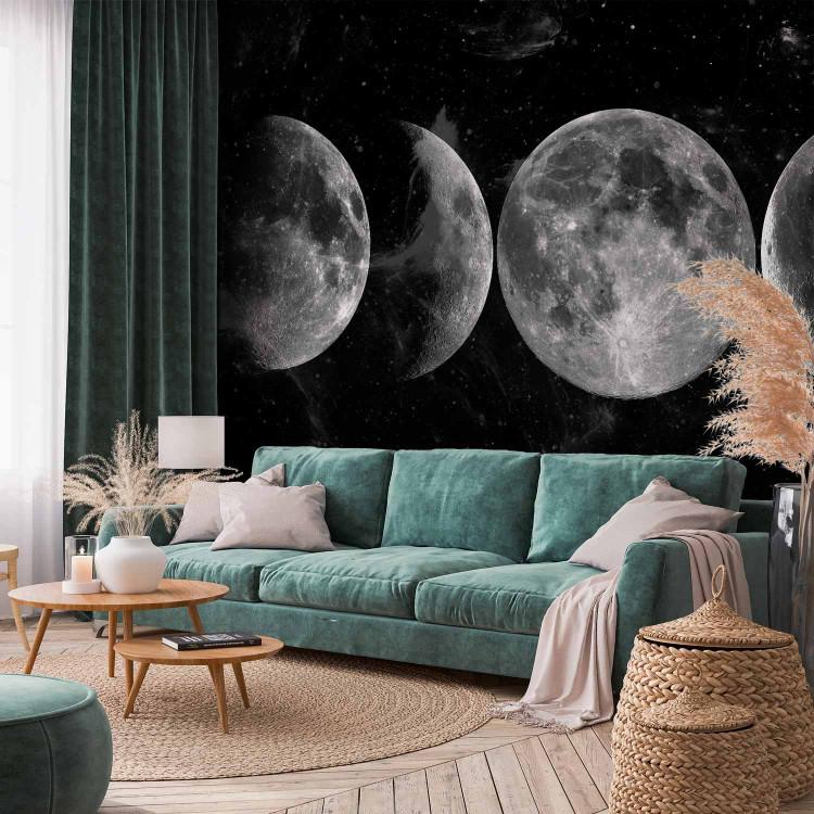 Wall Mural Silver Globes - The Phases of the Moon Against the Background of Stars and the Cosmos in Black and White