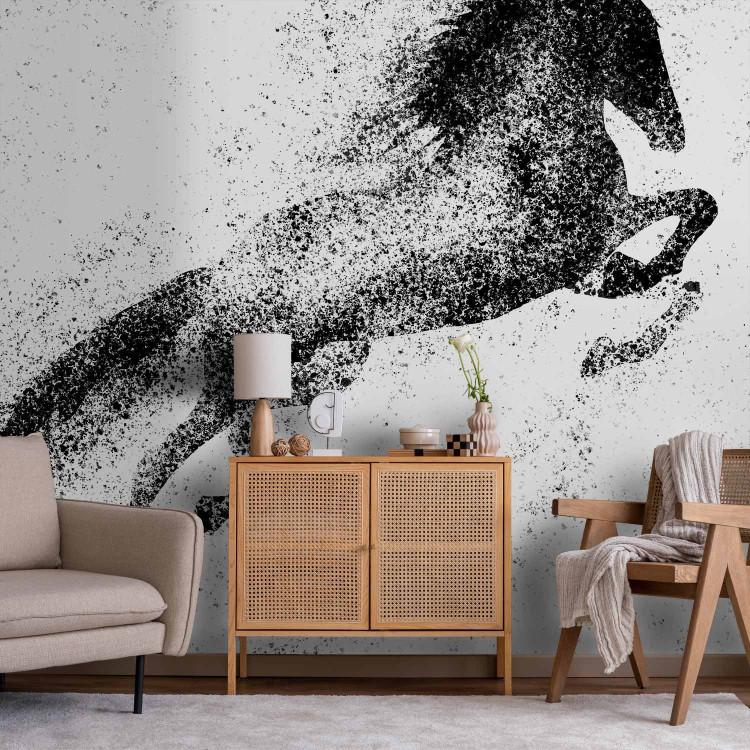 Wall Mural Galloping Horse - Expressive Black Jumping Animal Painted With Dots