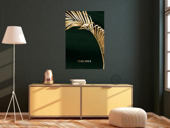 Poster Exotic Plant - Golden Palm Leaf on a Dark Green Background