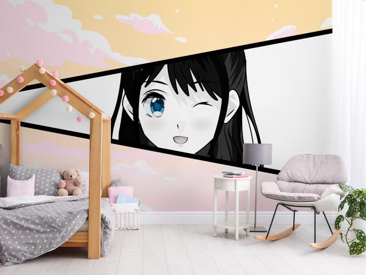 Wall Mural Girl in a Manga Style - Comic Book Character Against a Pink-Yellow Sky Background