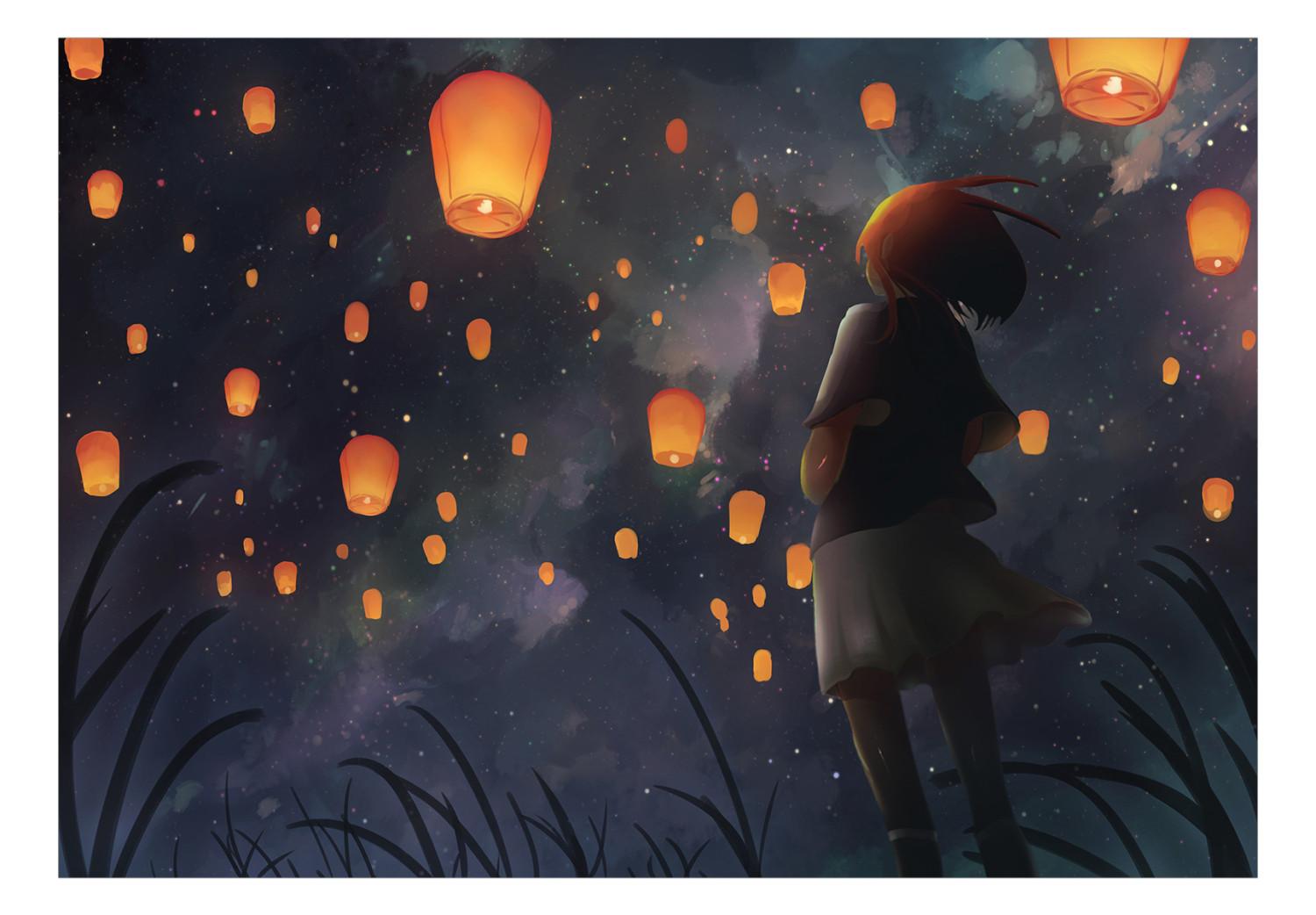 Wall Mural Japanese Lanterns - Girl and the Night Sky in Anime Style